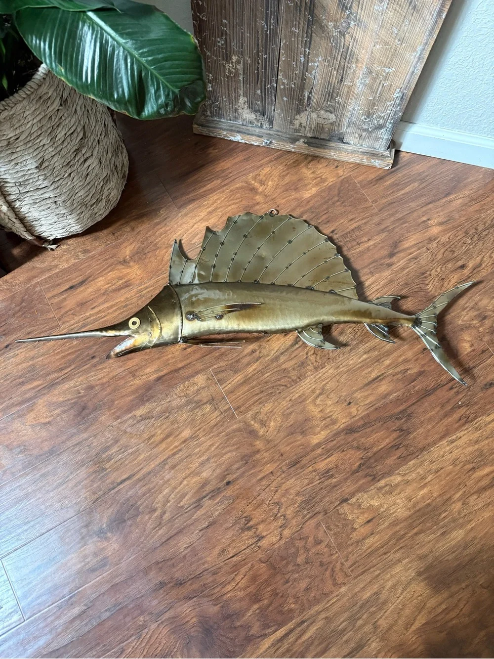Metal Sailfish Wall Sculpture Brass Color  38 In.  Coastal Folk Art